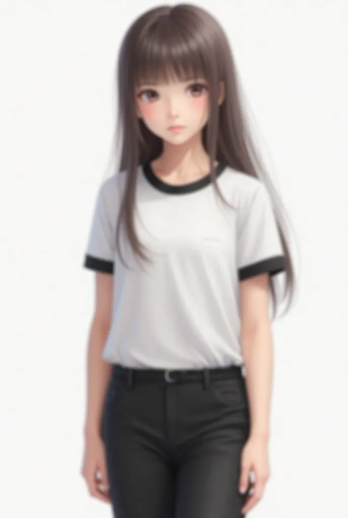 A girl in physical education uniform (white shirt with black trim and black pants)  with long dark brown hair  