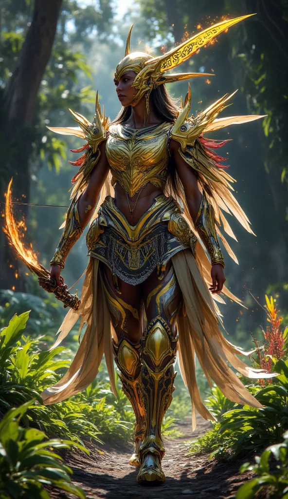 Look: A vibrant warrior wearing golden armor with feathered accents inspired by South American tribal patterns. Her helmet has a centaur motif.
Weapon: A glowing bow and flaming arrows engraved with Sagittarius symbols.
Setting: Walking through a lush jung...