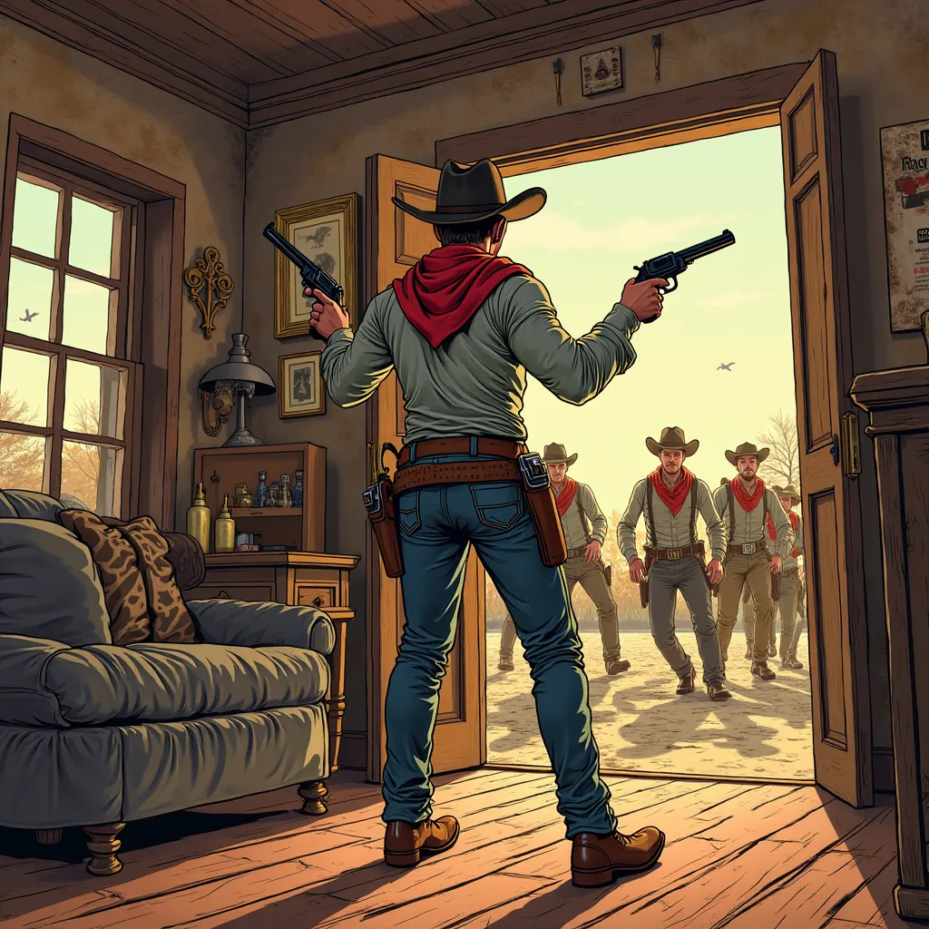 Create an image of a cowboy inside an Old West living room, from an open perspective. He has a gun in each hand, pointed at bandits who are running out of the room.. People inside the living room look at the cowboy in surprise. The most important thing is ...