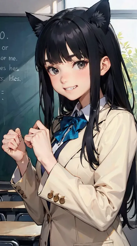 1girl, loli, petite, cat ears, black hair, long hair, blunt bangs, blunt sidelocks, clenched teeth, smug, classroom, blue blazer, , hands up, sleeves past fingers, upper body, 