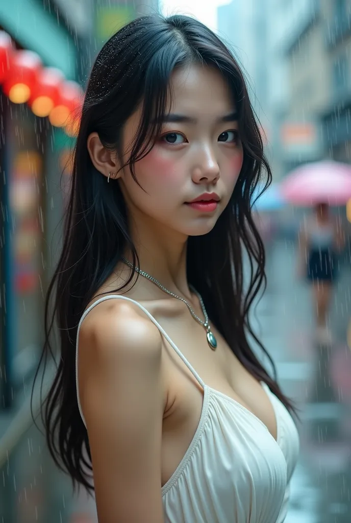 Adorable and pretty fair-skinned Asian girl, long straight black hair, wearing a simple silver necklace and a short white dress,  walking in the rain. Her makeup is delicate, with warm eyeshadow and blush. iPhone Max camera.
