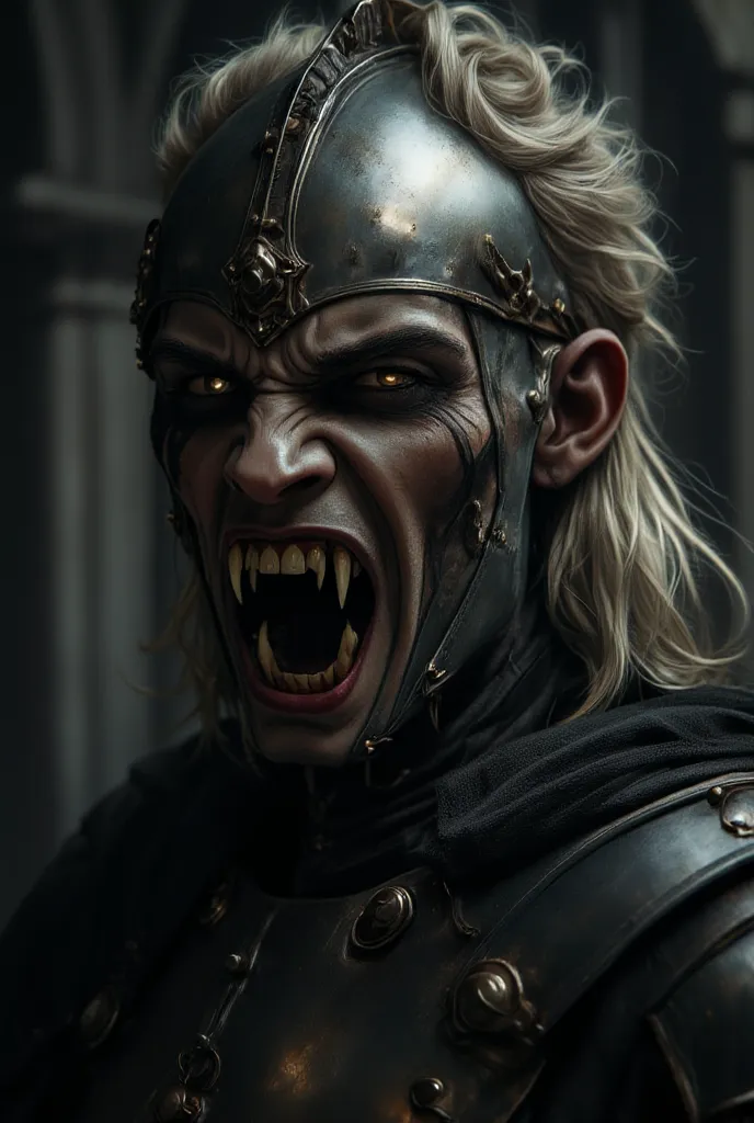 Vampire warrior king with large pointed teeth wearing Spartan armor, com a boca aberta mostrando  large, pointed teeth ,  large, pointed teeth  ,  soldier, night, dancing,  8k quality,  a very detailed face, cinematic