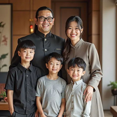 A modern Chinese Feng Shui master family of five posing naturally for a family portrait in a contemporary home. The family consists of exactly five members: one father, one mother, and three sons. The father, a 40-year-old man with an athletic build, weari...