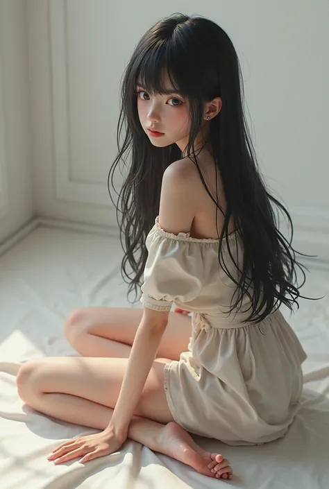 3D ANİME loli Beautiful girl long black hair open legs seıng back takıng somethıng from the floor skıny body body details open Female organs open 