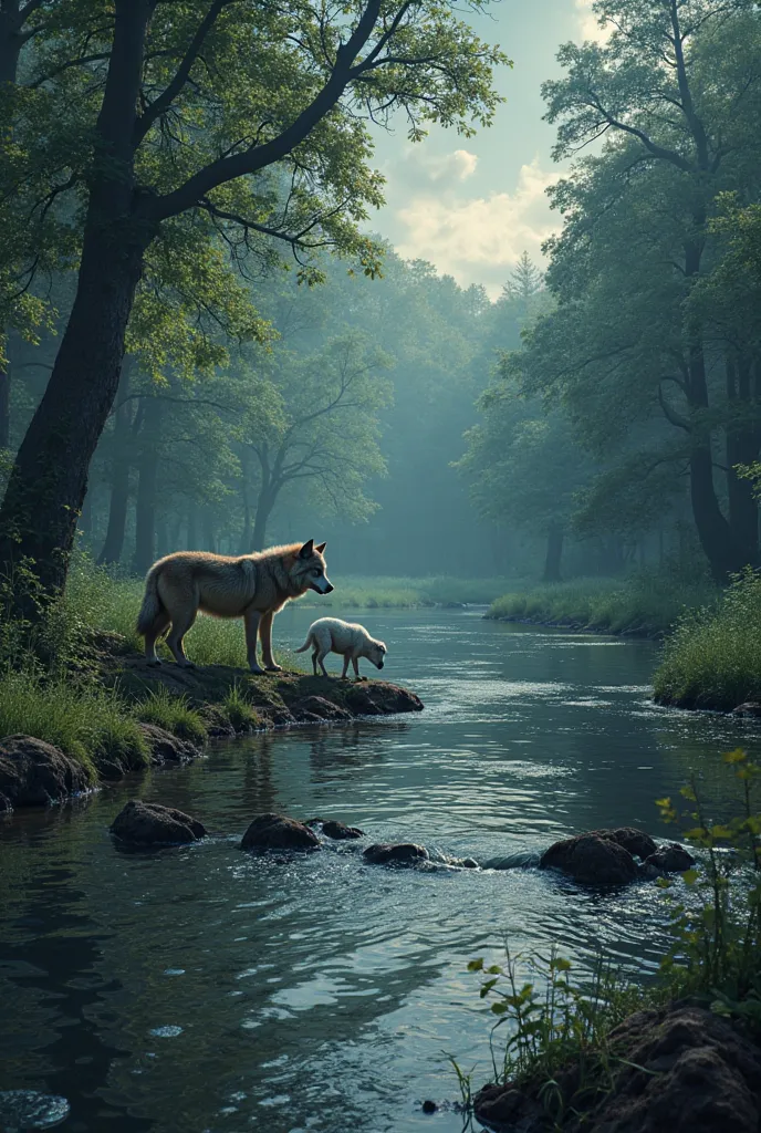 scene: of the original stream, but the atmosphere is beginning to tense.

Character: , a big wolf, standing above the water, looking down at the lamb.

The atmosphere: , the wolf's pose looked angry, as the lamb looked trembling and startled.

Distinctive ...