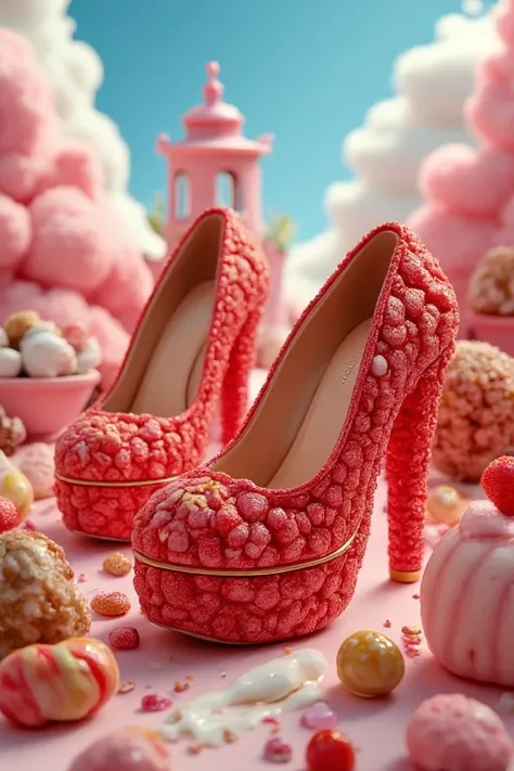 Red pin-heels made entirely with candy crafts，