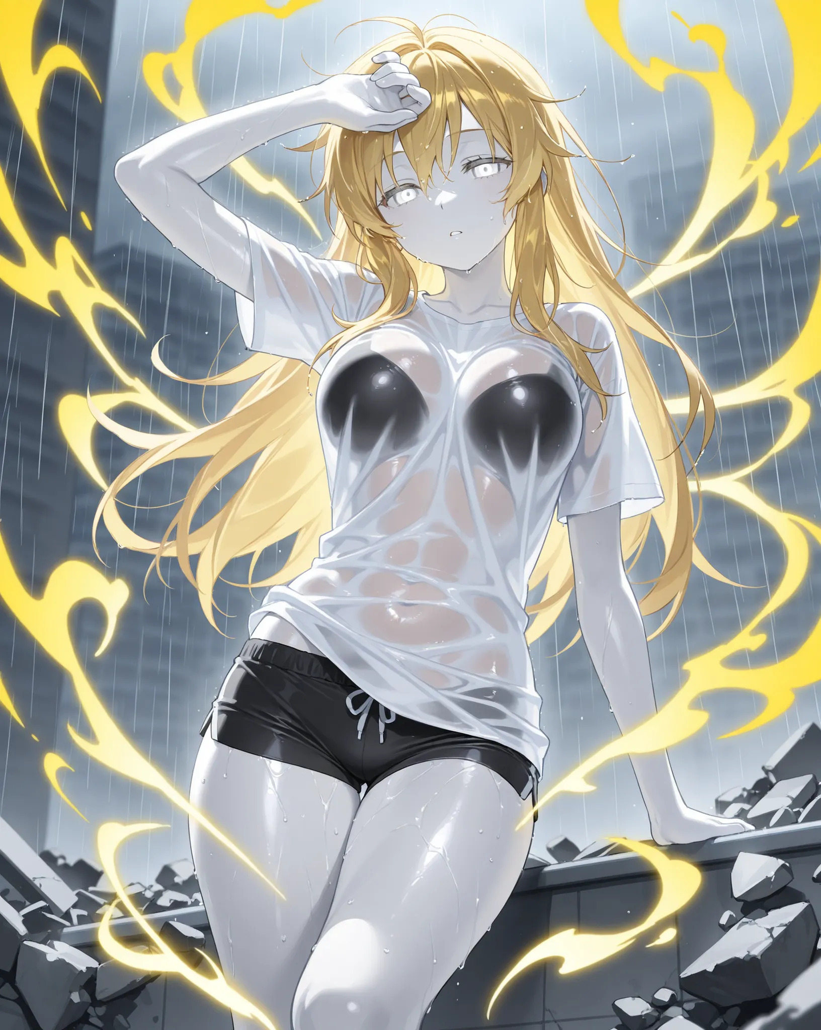 best image quality、Hi-Res、 Golden hair 、white eyes、、rooftop、  BLACK HIM T-SHIRT 、beautiful breasts、  best thighs、Gold Aura、 long hair、best image quality、floating rubble、black shorts、 white skin、 the royal family、、Straight face、Waking up、Bedhead、 black unde...