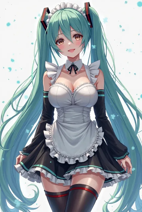 Hatsune miku, full body, detailed face, detailed eyes, detailed outfits, maid outfit, thick thighs, black tights, naked chest 