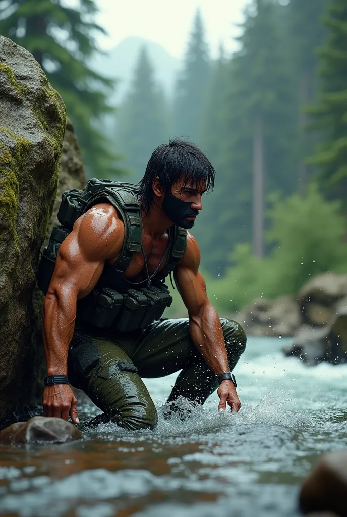 (Realistic 3D photo of a soldier man similar to a Rambo player complete with his trademark Rambo, squatting while aiming his weapon, behind a large rock in a river, helicopter, forest