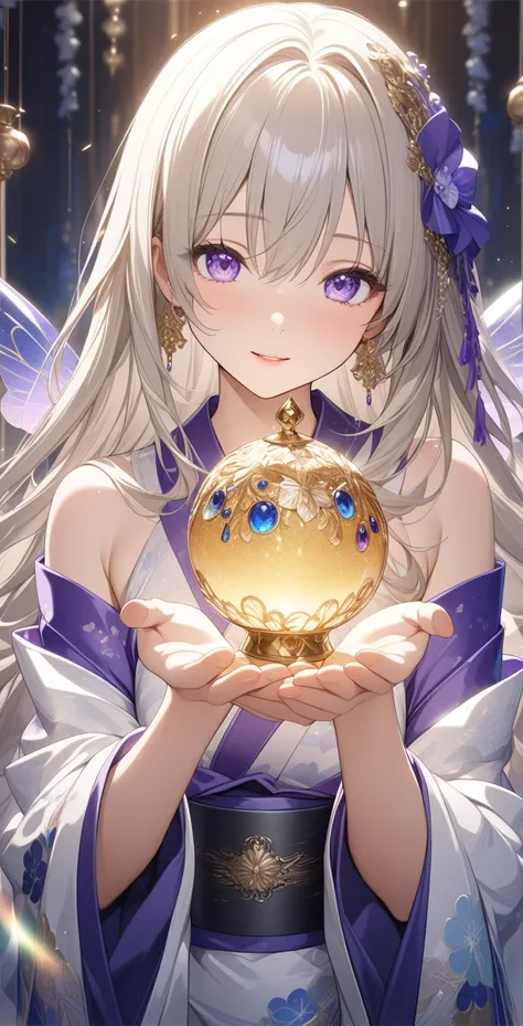 The fairy in the magic lamp is super beautiful, anime style Eye-catching style Anime style Violet Evergarden style (masterpiece), super beautiful, shiny long straight hair (high quality), (beautiful and detailed face), (beautiful and detailed eyes)), (beau...