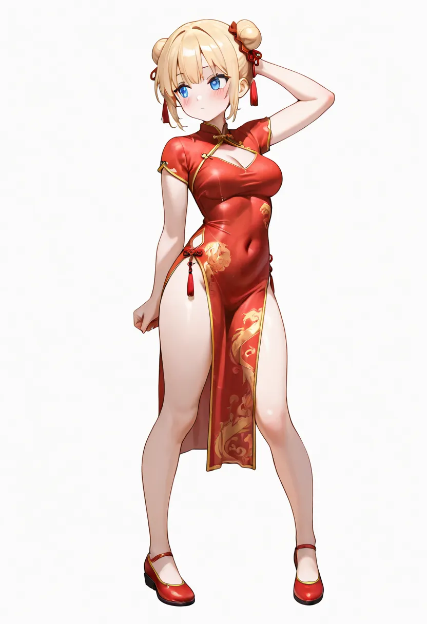 1girl, solo, blush, short hair, blue eyes, simple background, blonde hair, white background, closed mouth, medium breasts, standing, full body, short sleeves, thighs, hair bun, arm up, looking to the side, clothing cutout, bare legs, covered navel, chinese...