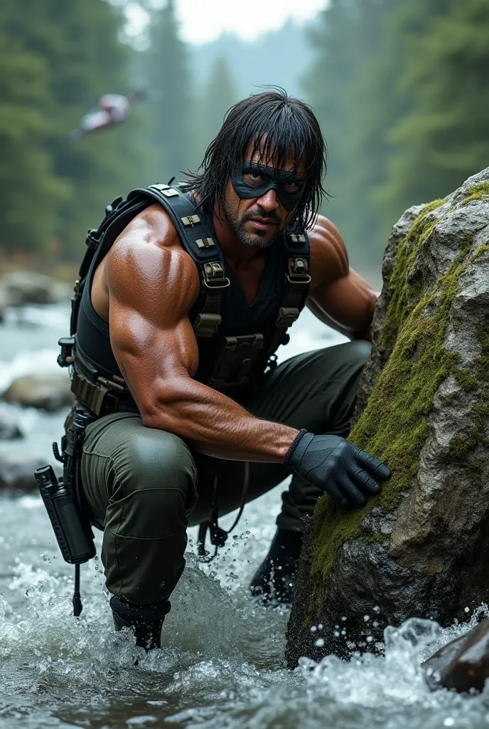 (Realistic 3D photo of a soldier man similar to a Rambo player complete with his trademark Rambo, squatting while aiming his weapon, behind a large rock in a river, helicopter, forest