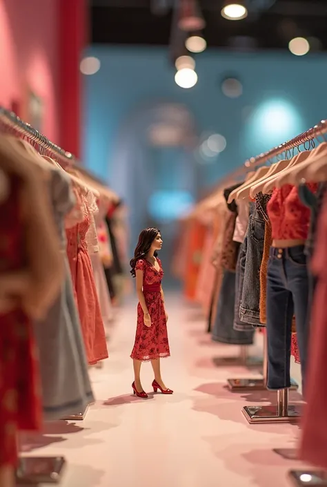 Tiny female figures in a fashion store, carefully selecting trendy clothes like dresses, tops, and jeans from stylish shelves. The store has modern and vibrant lighting, and the clothes are colorful and chic