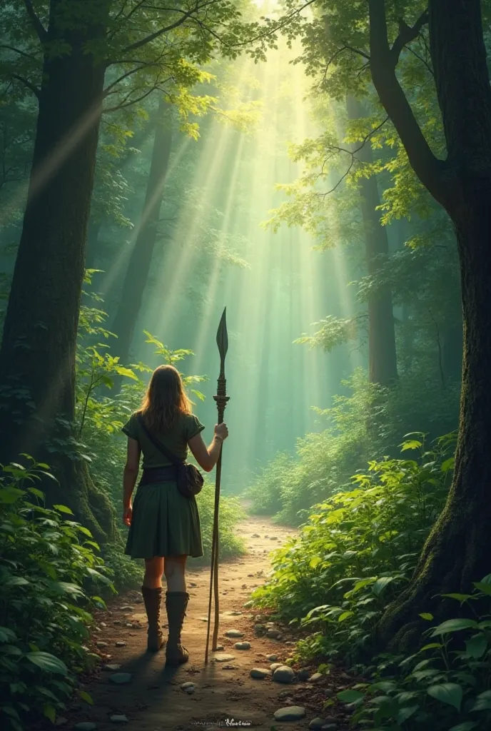 Of course!  Here's the revised prompt :

**Prompt:** "throw: You are in a dense forest, holding a hunter's spear in your right hand.  Sunlight penetrates the treetops , creating beams of light that illuminate the path in front of you. The ground is covered...