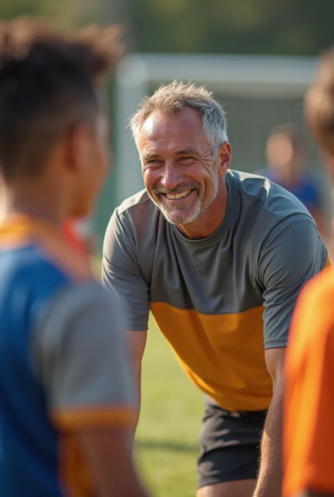 Young boys coach smiling and nodding at his effort 