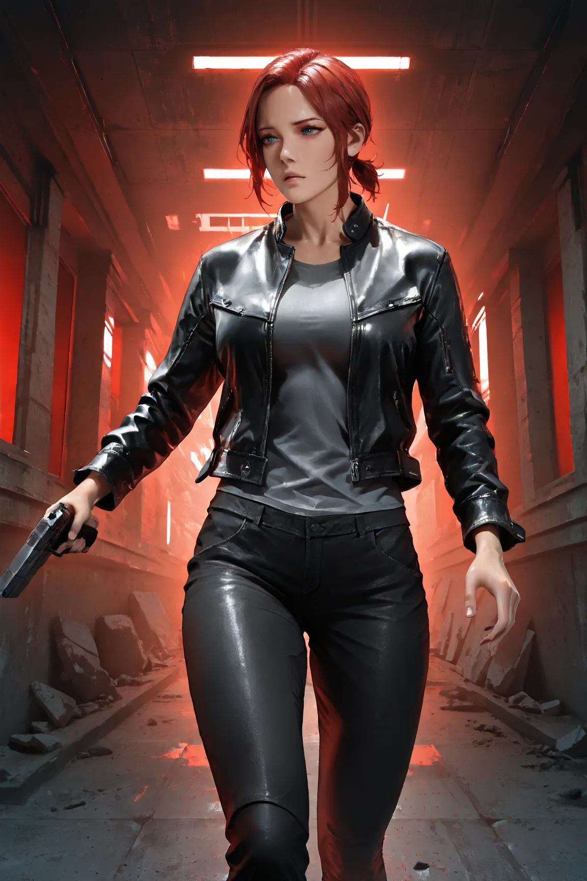 Photorealistic, photography, 1girl, solo, j3sse, slim and toned, red hair, sapphire blue eyes, low ponytail, short ponytail, black leather jacket, tight grey shirt, tight black pants, holding matte black pistol, levitating, floating off the ground, concret...