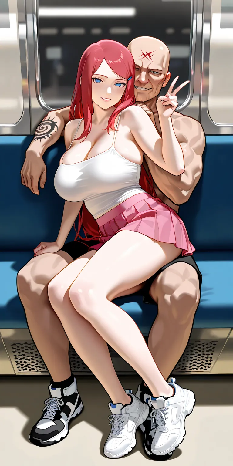 One panel view, Masterpiece, newest, vibrant, very aesthetic, high contrast, mature woman, kushina\(naruto\), white color spaghetti strap top, pink color pleated mini skirt, white sneakers, big breast, full body, parted lips, smile, hand gestures V, old me...