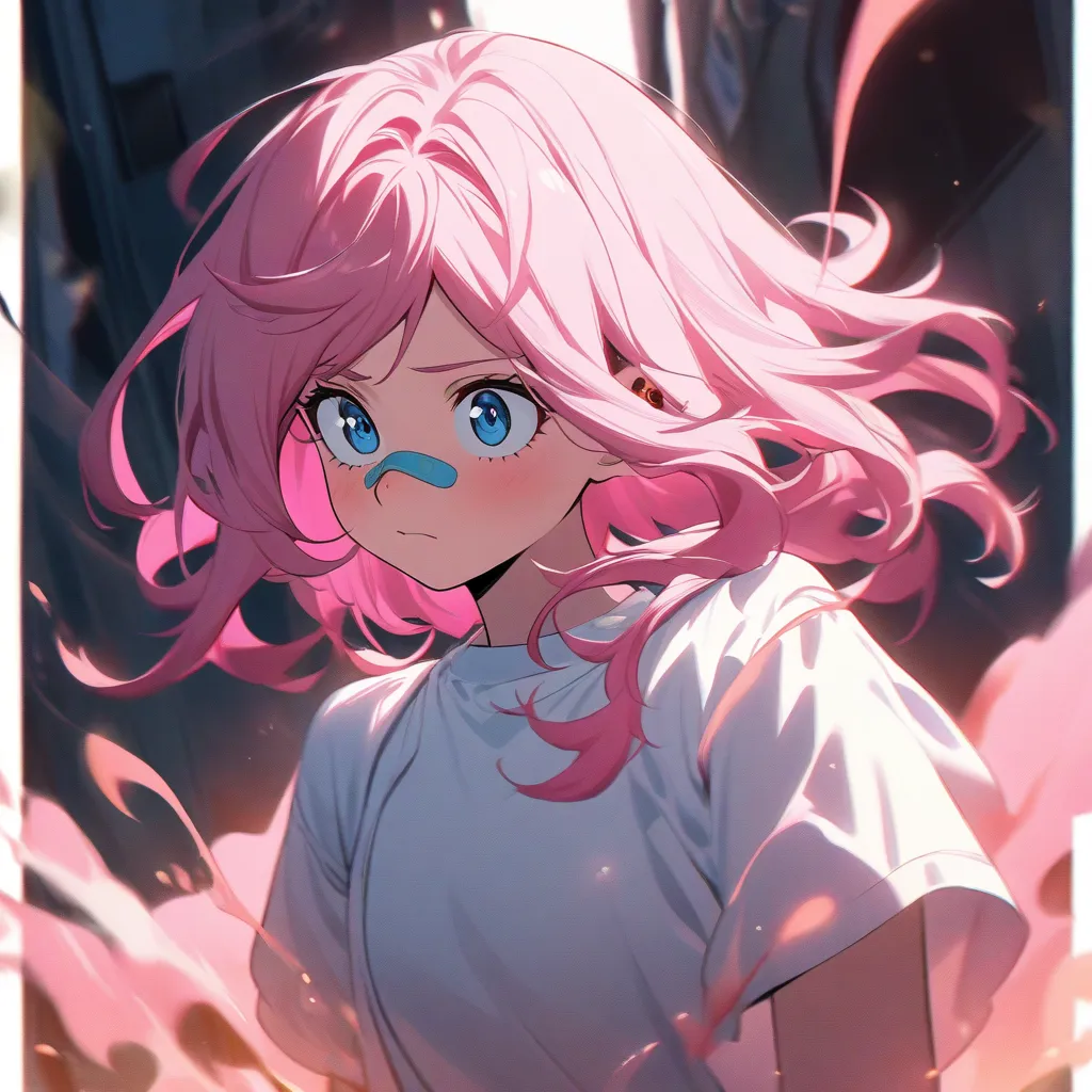 My Hero Academia Template. 1 girl,  pink hair, short hair, blue eyes, pink cheeks, band-aid shirt over the nose, wide white shirt. 