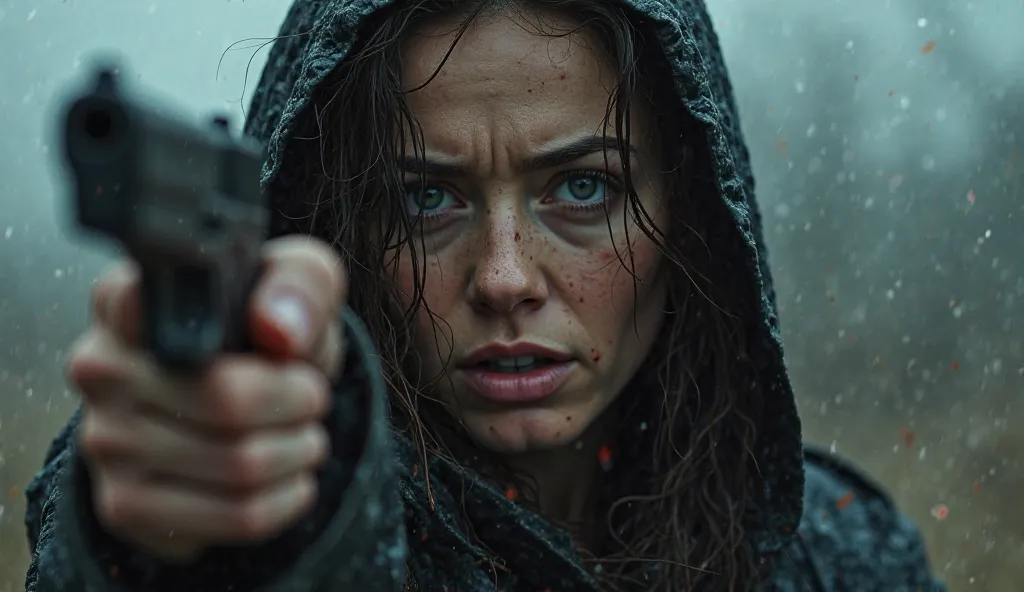 A woman in her early 30s, wearing a dark, rain-soaked jacket.
Her expression is intense, eyes filled with shock and determination.
Holding a gun in one hand, her finger near the trigger, as if she just shot someone or is deciding whether to shoot.
Her hair...