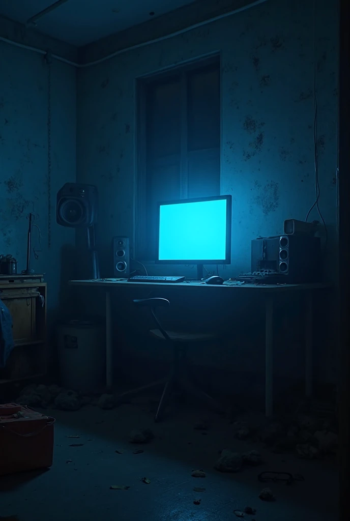 A dimly lit room with a desk and a computer screen glowing blue. The room is messy, with scattered objects. The atmosphere is eerie, and shadows loom in the corners. The blue light casts an unsettling glow over the surroundings. Ultra-realistic, cinematic ...