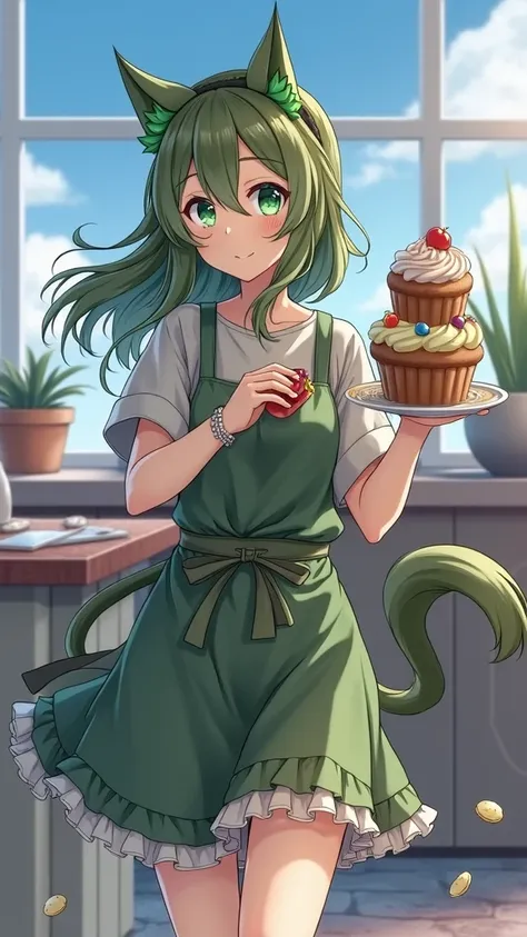 1 girl,green hair, cat ears, green eyes, loose hair, green ears, T-shirt,apron,skirt,socks,slippers baking cakes at home, anime style
