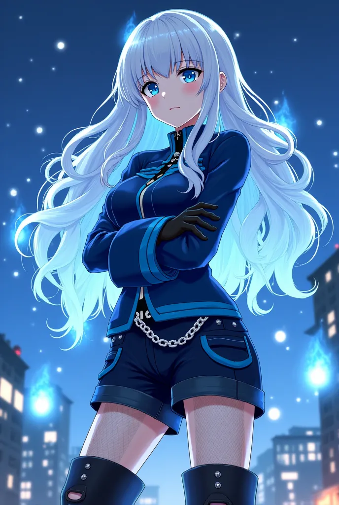 Screenshot boku no hero Academia,girl of legal age wavy and long white hair,blue eyes with little light blue touches,white and pale skin with a light and soft little blush,full body,long black boots with a little heel,wide black shorts with large pockets a...