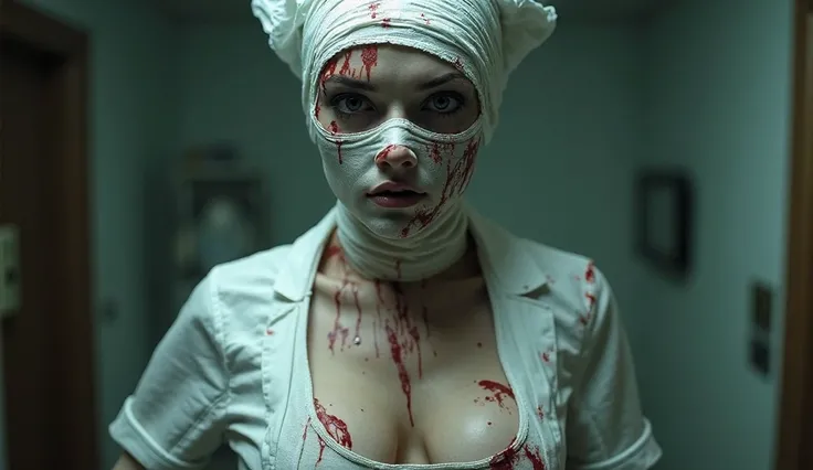 A nurse with her Head and face fully covered in bandages with only one visible eye, blood on her suit and her cleavage open with veiny  looking at the câmera.