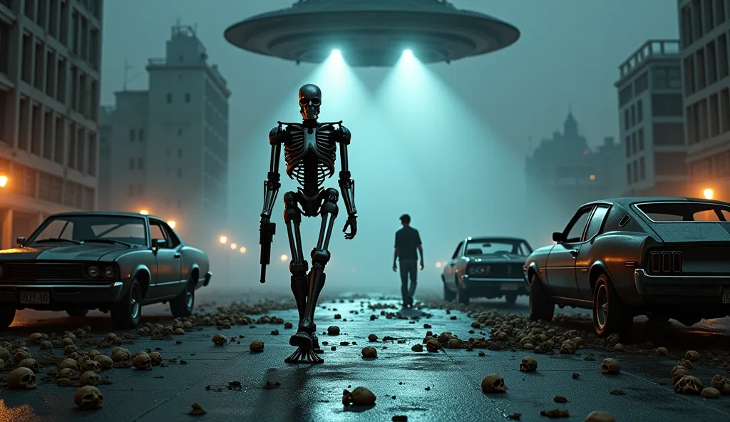 

_Create an ultra-realistic scene from an iconic scene from the movie "the Terminator of the Future" from 1984. The image shows an armed exterminator walking in an apocalyptic setting, stepping on a floor filled with human skulls between cars and destroye...