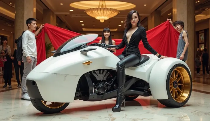 "A futuristic ( White) three-wheeler motorcycle, model name (honda), with a sleek aerodynamic design, dual headlights, golden alloy wheels, and a glossy black engine. A stylish girl in a fashionable outfit poses confidently next to the motorcycle, while fi...