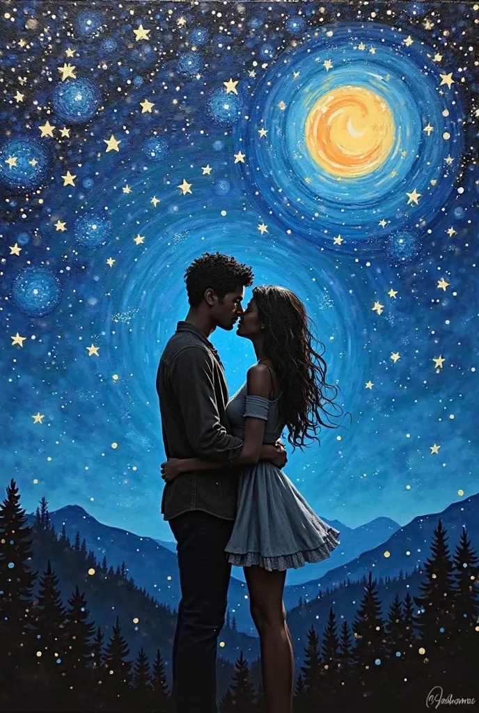 painting of a couple kissing under a starry sky, an acrylic painting inspired by Vincent Evans, tumblr contest winner, process art, a painting of two people, in the starry night, added detail, beautiful painting of friends, unfinished canvas, painting on b...