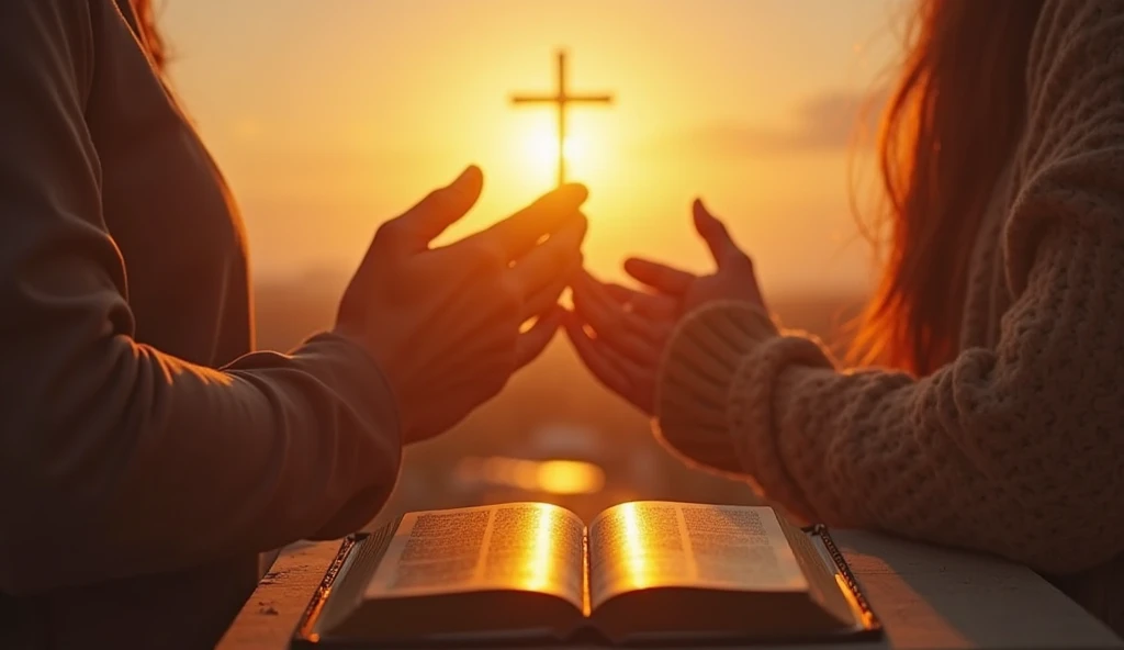 "A motivational and spiritual background for a YouTube thumbnail with a pair of hands in prayer, a glowing cross in the distance, and a Bible placed at the forefront, bathed in soft rays of sun light, radiating positivity and hope."