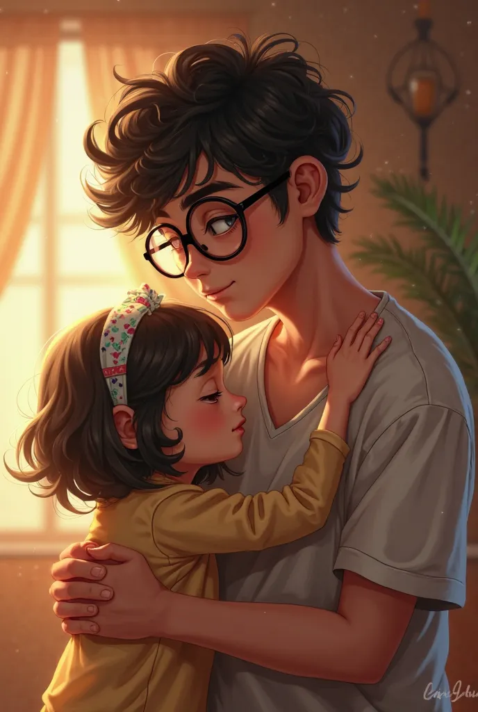 A girl of small stature with short black hair embracing a tall boy with curlers and glasses 