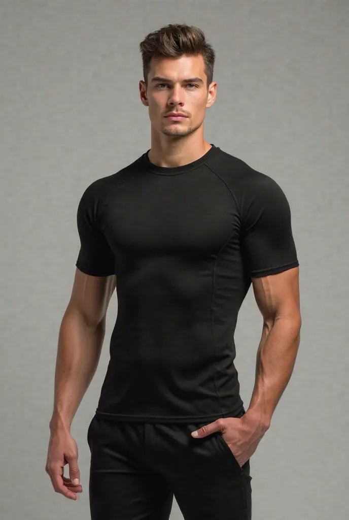 photorealistic. Skinny yet muscular 18-year-old European boy in a casual pose, wearing a black short sleeve compression shirt