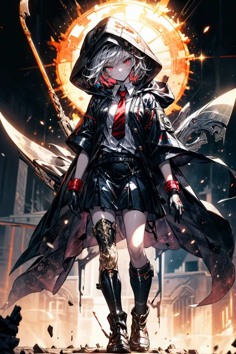 ((masterpiece,high quality,high resolution,detailed,best composition,moody lighting,photorealsitic)),a young girl,solo,detailed face,the whole body,slender,white hair,(short hair),sparkling eyes,black jacket,hood,grip a scythe,accessories,short sleeve shir...