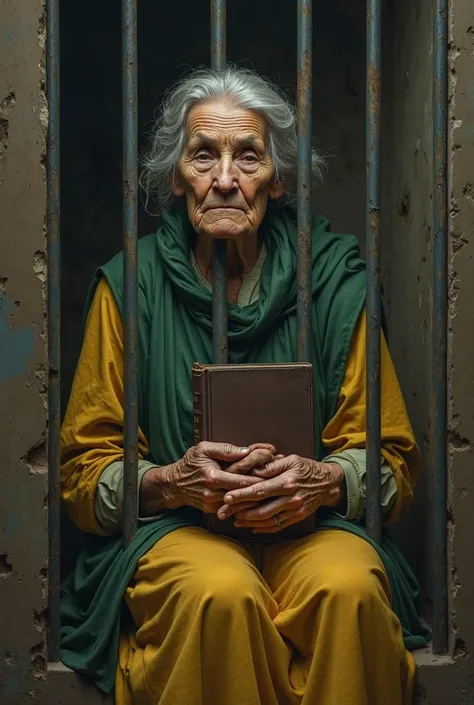 Create an image of an elderly woman,  Behind bars ,dressed in green and yellow, With the Bible in my hands