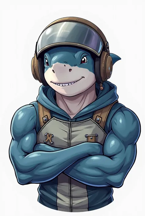 a shark with its engineer's helmet,with arms muscles, with a smiling expression of confidence, showing confidence and leadership , for high-quality logo design, 4k, ultra detailed,  Looking Forward .In anime in png format without background image 