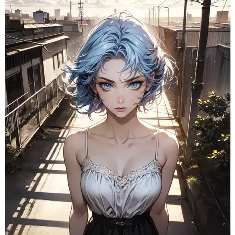 upper body,  1 woman, top quality, 8k, wind blowing,white camisole,  sunset , future city, skyscraper, power lines, pedestrian crossing, signal,  train tracks , train station, (((sparkling eyes))), (((Mysterious))), light blue hair, detailed hair,  complex...