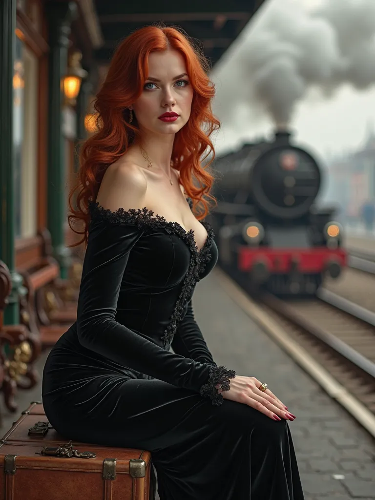 Women long Red hair curvy Figure formal long sleaves shoulderless Black velvet dress sitting on suitcase waiting at French Vintage railway station steam trains passing throught in the back ground 