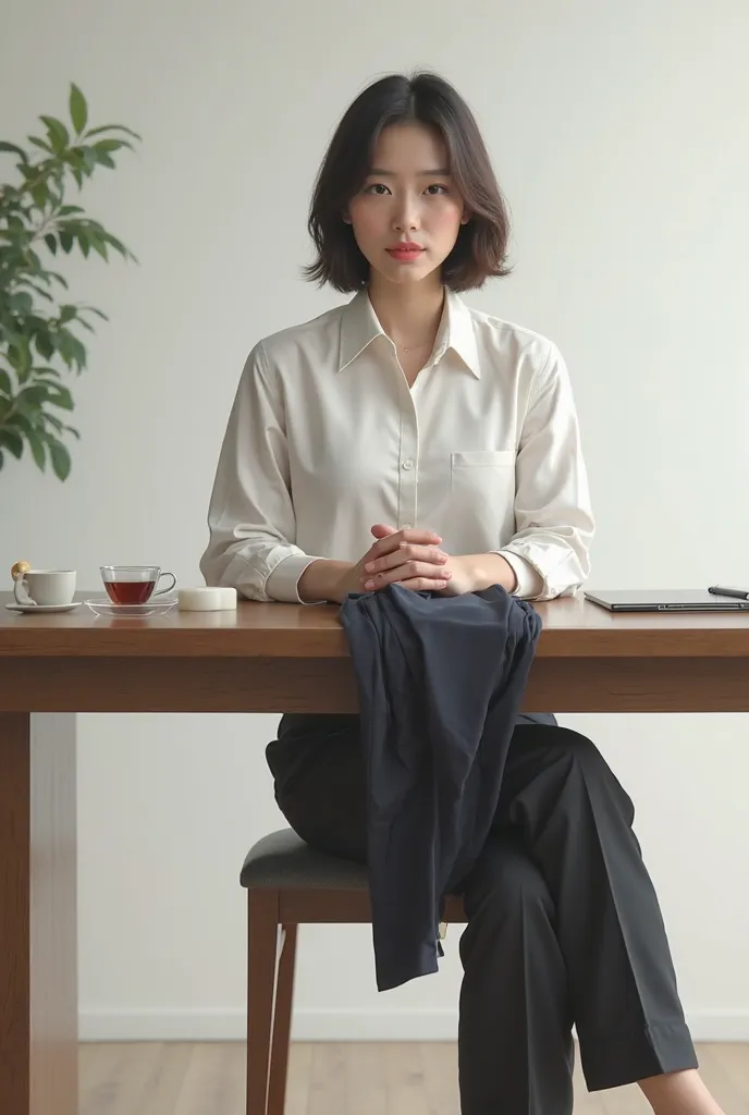 A Japanese woman with 4-inch office pants on the table