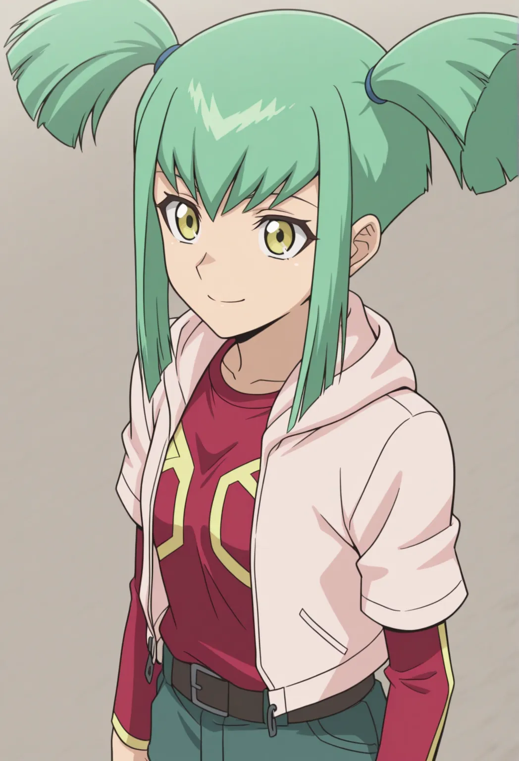 masterpiece, best quality, 
luna5d, 1girl, solo, yellow eyes, green hair, sidelocks, short twintails, shirt, red shirt, print shirt, jacket, hood, pink jacket, short over long sleeves, open jacket, open clothes, smile
outdoor,