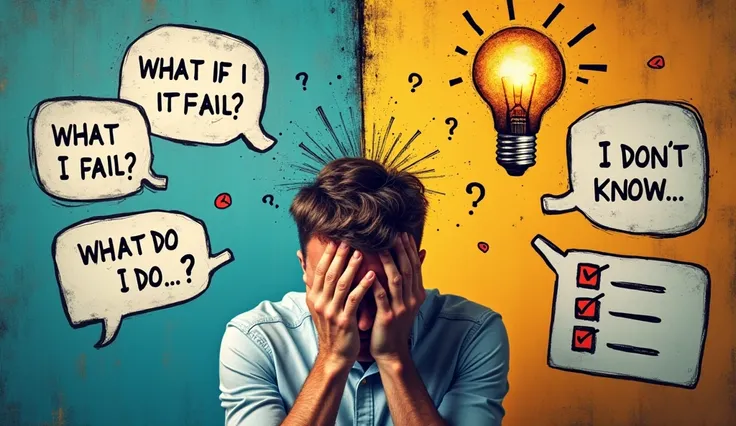 A man holding his head in his hands, showing anguish. On one side, messy speech bubbles float around (what if it fails? what do I do? I don't know...). On the other, scientific method graphics with a checklist and a lit light bulb. Vibrant colors and contr...