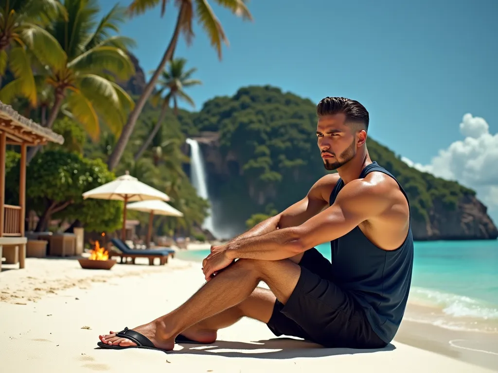 Turn this image into a realistic photo, the image contains A image  ofof a fit, muscular man with tanned skin sitting on a pristine tropical beach. He wears a navy blue tank top, black shorts, and black flip-flops. His chiseled jawline, well-groomed beard,...