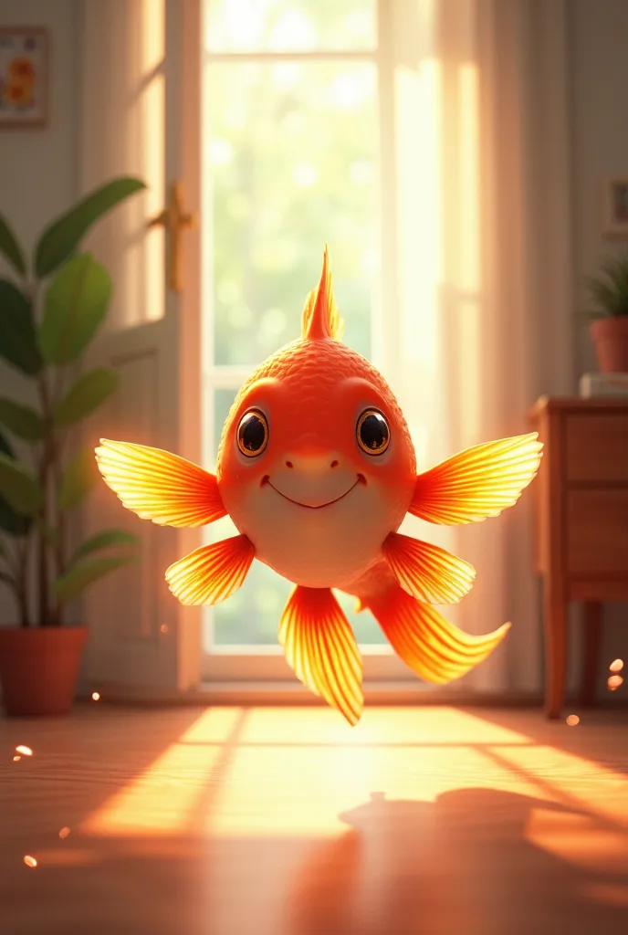   (the fish shows its lines, and sounds happy, Slowly sounding long. her eyes light up happy, and her lines slowly show! the room slowly goes up, where the beautiful surroundings of the house seem, and the sun's rays gently fry on the floor (hair) comes.)
