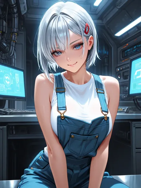 Sci-fi movie、10th generation women、masterpiece、sleeveless、overalls over a fitted shirt、 silver hair short hair、I have my elbow on my desk、is sitting、 beautiful eyelashes、mechanical hair clip、Calm face、Midnight、Lighting