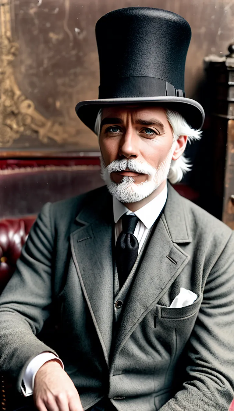 (Middle-aged men:1.5), (white hair:1.5), (short hair:1.5), (white fullbeard:1.2), (droopy eyes:1.4), (white eyebrows:1.2), (Ripped Physique:1.2), (bowler hat:1.4), (lounge jacket:1.4), (looking away:1.3), (London during the Industrial Revolution:1.3), (bus...