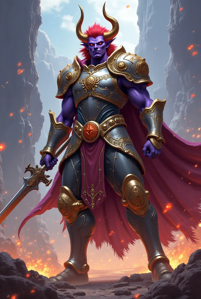 I need you to do an animation where there is a Tiefling who is also a purple paladin with gold-colored horns and eyes and red hair. He is fighting with his metal armor of the goddesses.