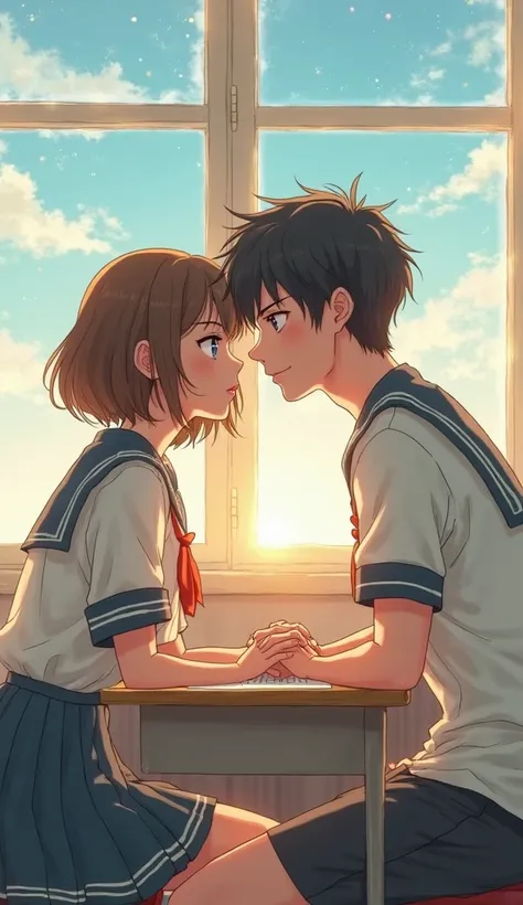 A male high school student and a female high school student are sitting on chairs in a classroom, facing each other. The female high school student has natural bob hair and is wearing a sailor uniform. It has a warm and romantic atmosphere. The delicate li...