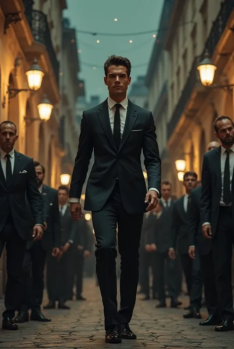 a handsome young muscular man wearing a 90s mafia suit walks past his bodyguards who bow to him in a European nighttime setting taken from above