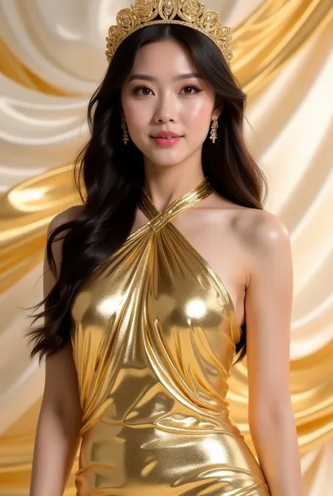 a woman in a stunning gold metallic gown that glimmers elegantly. The dress has a halter neckline and a fitted silhouette, accentuating her figure. She is wearing a golden crown-like headpiece with intricate details, complementing her overall regal appeara...