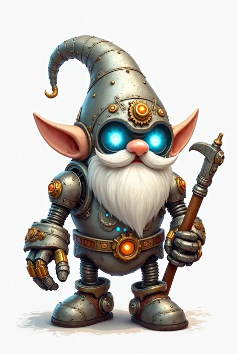 "An adorable robot gnome, known as' Gnomobot ', designed for a steampunk. The character has a compact and sturdy body, polished metal plates and faint lights pulsating in shades of blue and gold. He has a full white beard, fluid like snow, His large, expre...